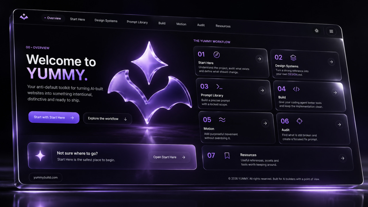 YUMMY product interface showing the complete anti-default website workflow